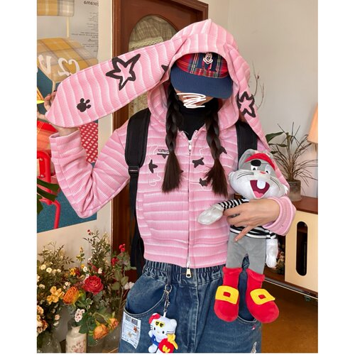 C2自制/美式复古条纹兔耳朵拉链连帽外套男女修身短款上衣秋款