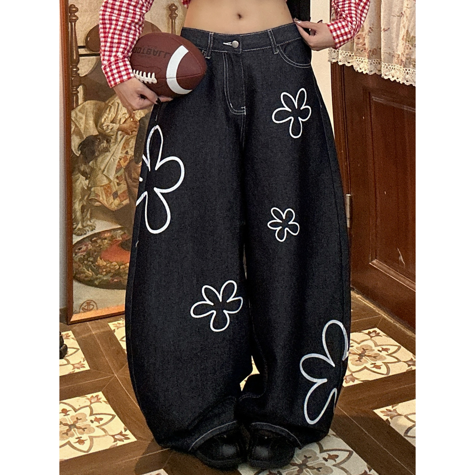 C2自制/美式花朵印花弯刀牛仔裤男女同款秋季显瘦垂感阔腿长裤潮