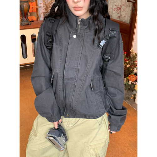 C2自制/复古做旧感立领短外套男女宽松显瘦廓形夹克拉链外套秋季
