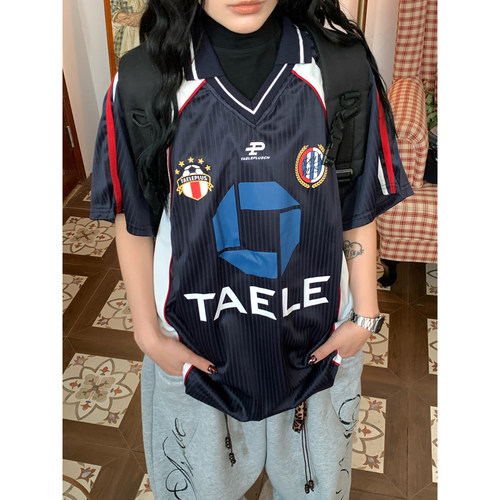 C2自制/美式复古夏季新款运动短袖T恤男女同款小V领字母印花上衣