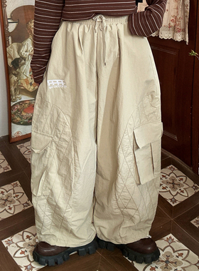 C2自制/工装风大口袋弯刀裤春季新款女宽松bf松紧腰阔腿裤休闲裤