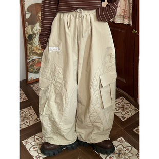 春季 风大口袋弯刀裤 新款 女宽松bf松紧腰阔腿裤 C2自制 休闲裤 工装