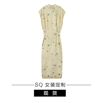 SQ 淡黄新中式短袖连衣裙女旗袍改良款包臀长裙