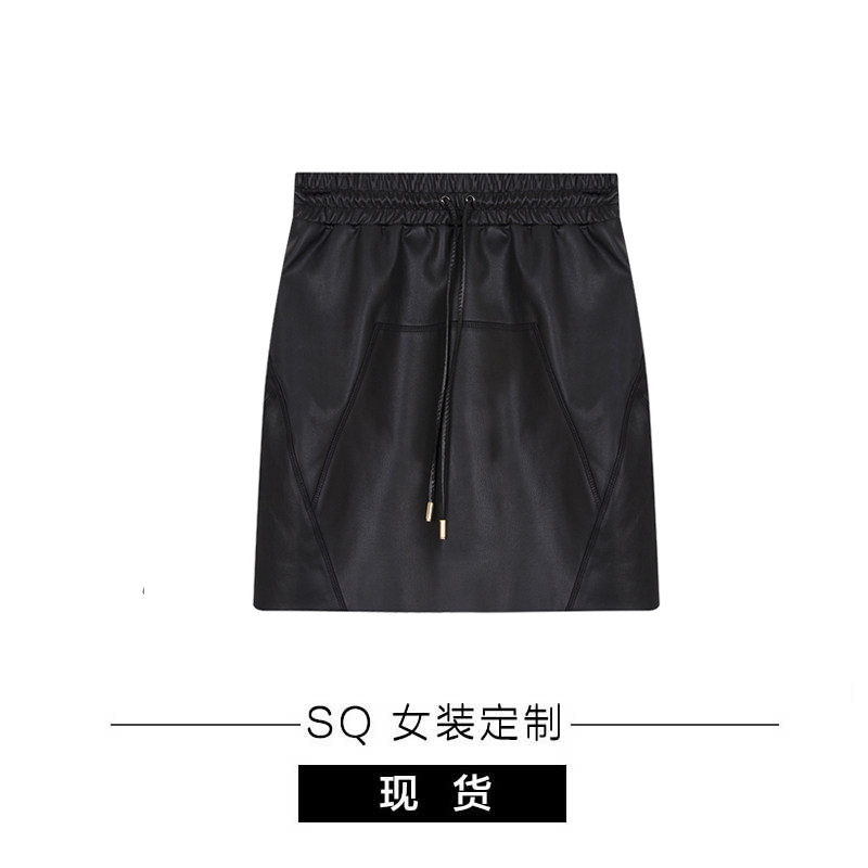 sq 黑色半身lisa小皮裙/抽绳式运动版型 酷帅街头风百搭