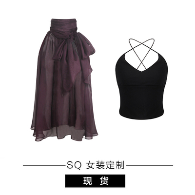SQ Saint L紫色无袖飘带雪纺罩衫透视上衣女吊带背心两件套