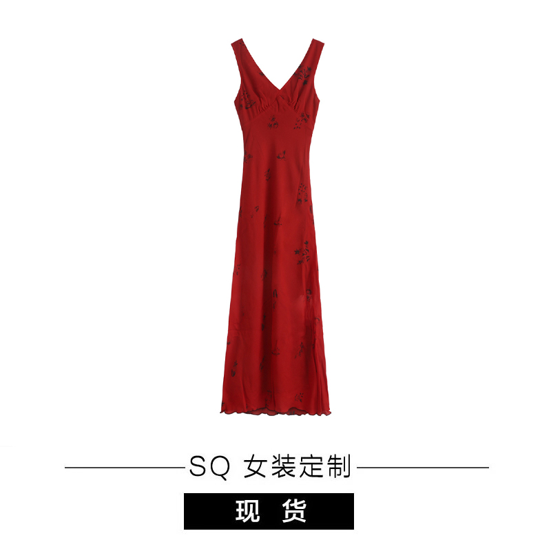 SQ 蔷薇 红色v领吊带连衣裙女夏收腰包臀度假裙长款
