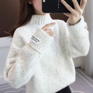 初中学生毛衣女款加绒加厚秋冬季少女孩仿水貂绒半高领保暖打底衫