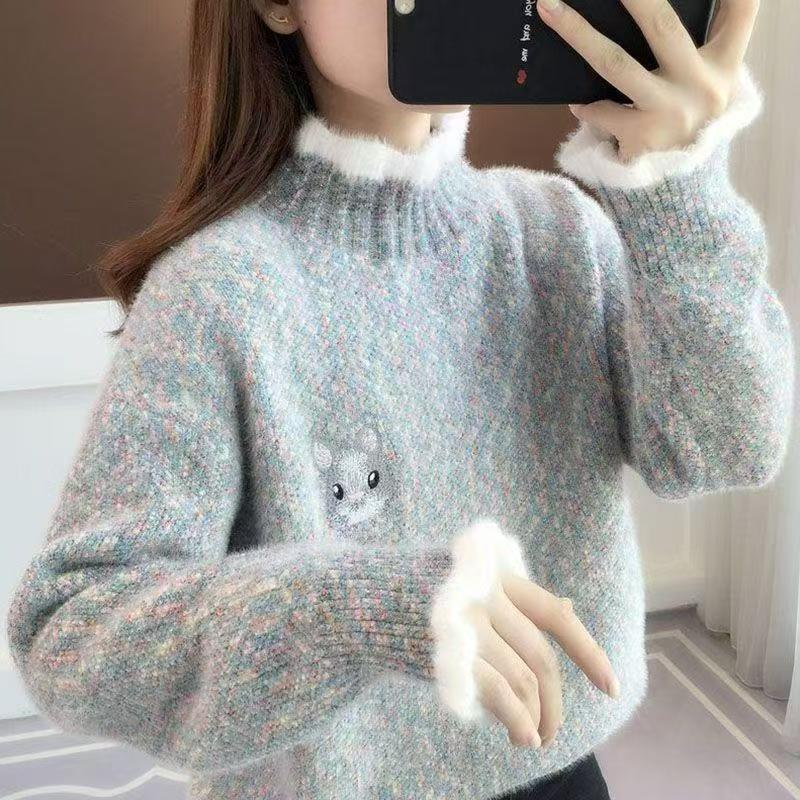 仿水貂绒毛衣女秋冬2026新款雪尼尔加绒加厚少女初中学生针织打底