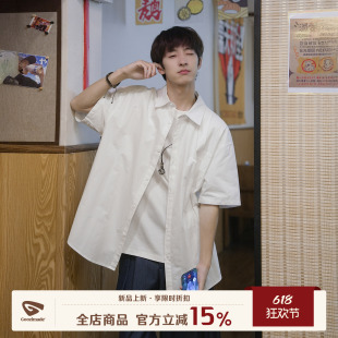 GOOZI MADE 白色工装短袖衬衫男夏季青少年日系纯棉宽松翻领衬衣