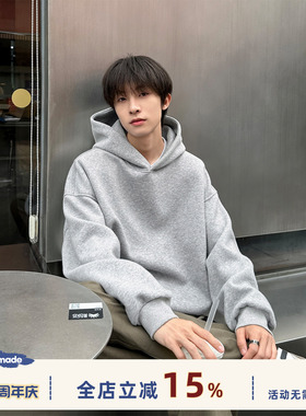 港仔文艺男灰色卫衣连帽男春季短款美式cleanfit重磅男生帽衫男款