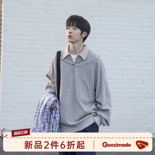 GOOZI MADE美式明线polo领卫衣男夏季半拉链宽松男生运动套头上衣