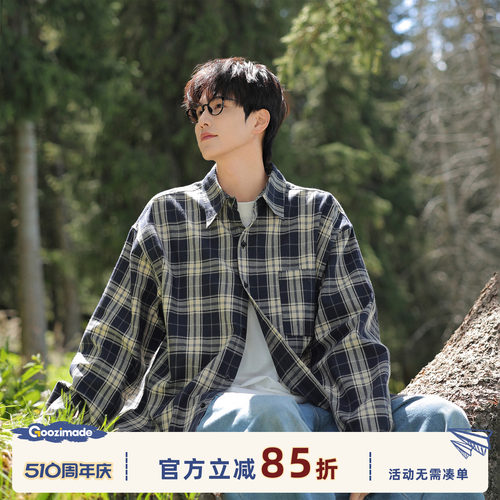 GOOZIMADE复古翻领长袖格子衬衫