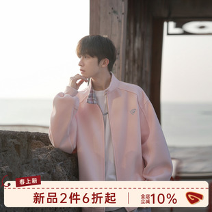 GOOZI MADE 假两件拼接格子开衫卫衣男春季美式刺绣排扣立领外套