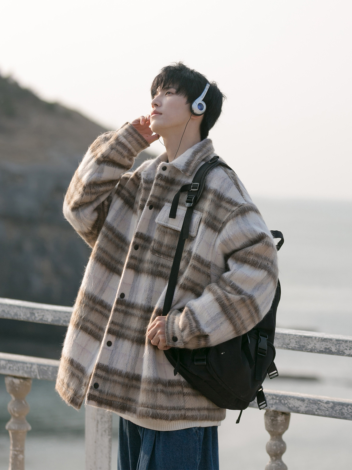@澳? 문학 남성 대조 격자 무늬 모직 코트 남성 겨울 면 코트 유행 브랜드 미국 복고풍 작은 향기로운 면옷