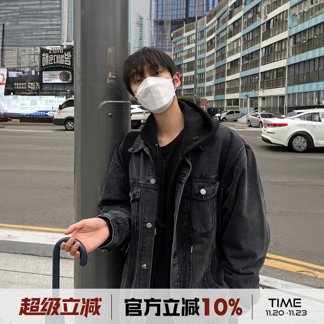 港仔文艺男黑色水洗牛仔外套男生