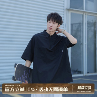 GOOZI MADE日系黑色半拉链短袖衬衫男夏季男生polo领宽松工装衬衣