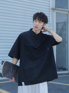 GOOZI MADE日系黑色半拉链短袖衬衫男夏季男生polo领宽松工装衬衣