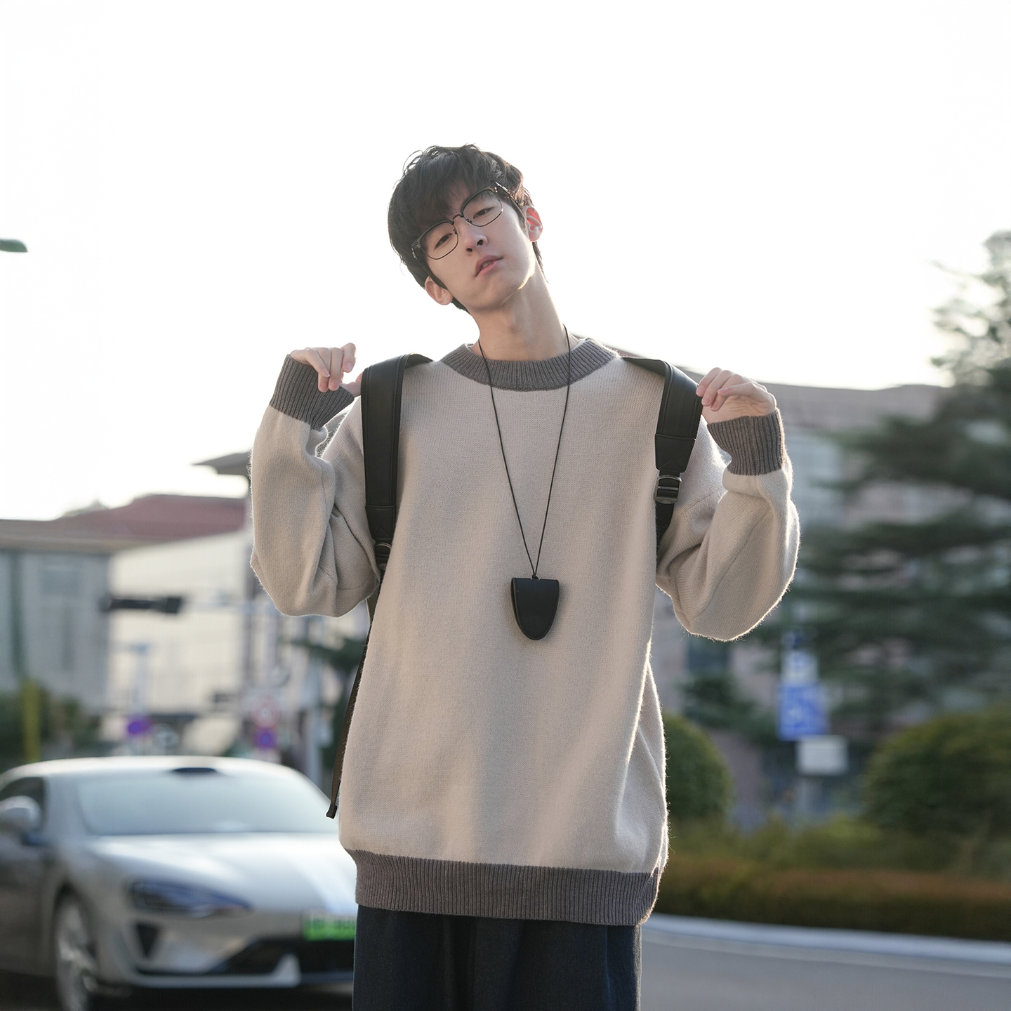 撞色圆领毛衣男cleanfit毛线衣