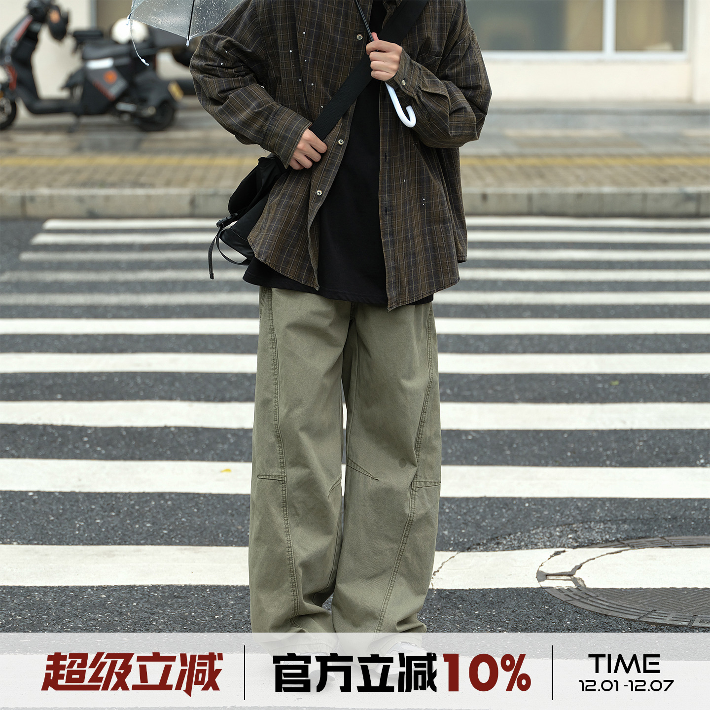 @港仔文艺男 工装裤男秋季日系男生直筒宽松加绒休闲弯刀裤子男款