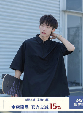 GOOZI MADE日系黑色半拉链短袖衬衫男夏季男生polo领宽松工装衬衣