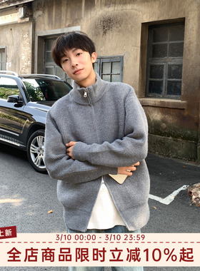 @港仔文艺男 灰色双拉链立领开衫毛衣男冬季cleanfit针织衫外套