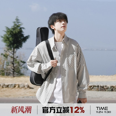 港仔文艺男条纹长袖衬衫男款春季