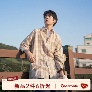 GOOZI MADE 美式复古格纹长袖衬衫男夏季休闲宽松青少年翻领上衣