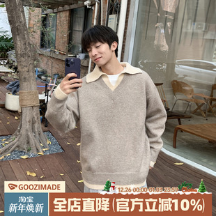 男生POLO领针织衫 线衣美式 上衣 撞色假两件毛衣男冬季 @港仔文艺男