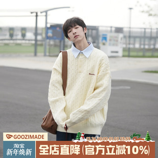 上衣 加厚毛线衣男生麻花针织衫 GOOZI MADE假两件POLO领毛衣男冬季