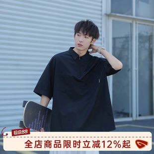 GOOZI MADE日系黑色半拉链短袖衬衫男夏季男生polo领宽松工装衬衣