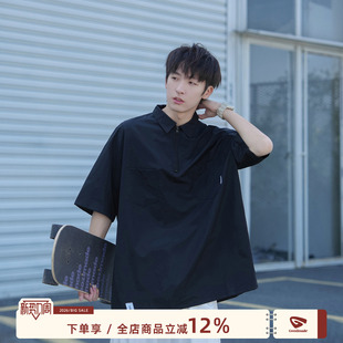GOOZI MADE日系黑色半拉链短袖衬衫男夏季男生polo领宽松工装衬衣