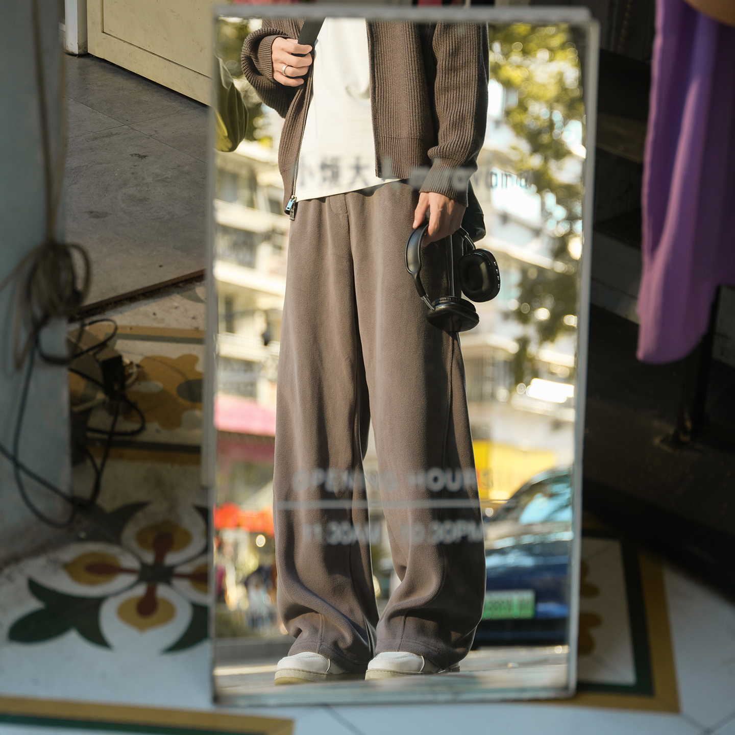 港仔文艺男双面绒裤子男秋冬加绒加厚直筒长裤男生阔腿垂感休闲裤