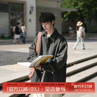 GOOZI MADE 竖条纹毛呢衬衫男春季日系复古男生休闲长袖衬衣外套