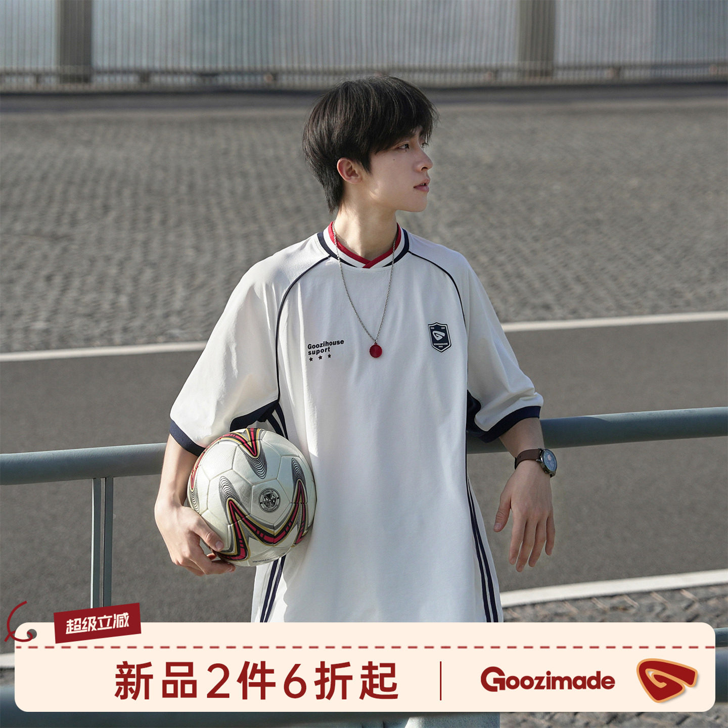 GOOZI MADE 假两件V领运动球衣男夏季宽松情侣撞色嵌条半截袖上衣