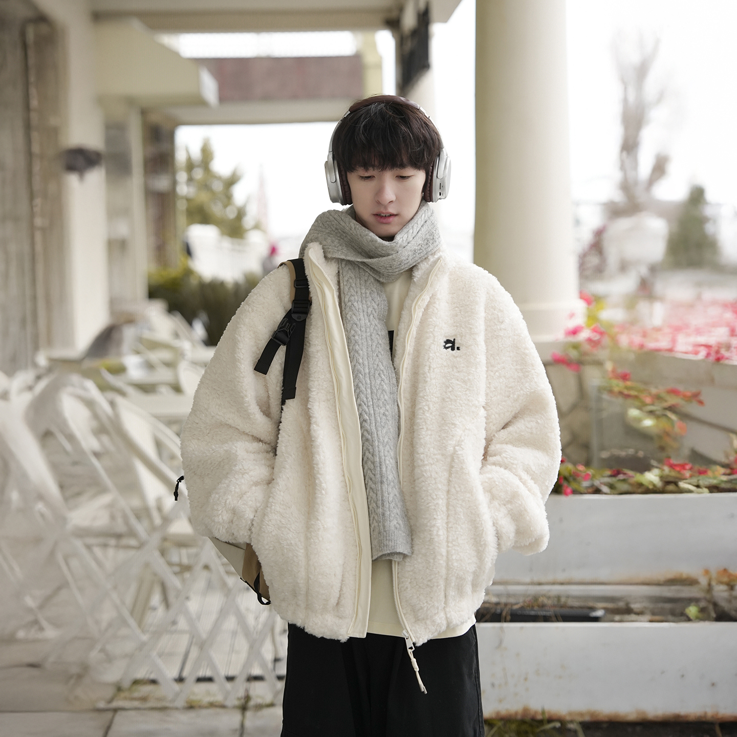 @港仔文艺男 刺绣羊羔绒外套男冬季加绒加厚棉服日系男生立领棉衣