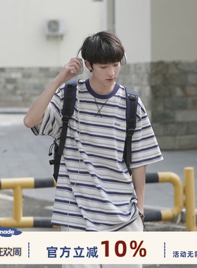 GOOZI MADE 撞色条纹T恤男短袖夏季新款圆领宽松半截袖男生上衣服