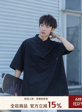 GOOZI MADE日系黑色半拉链短袖衬衫男夏季男生polo领宽松工装衬衣