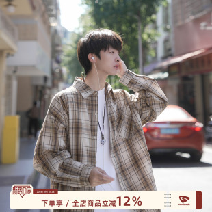 休闲男生翻领洗水长袖 男春季 衬衣外套 MADE日系复古格子衬衫 GOOZI