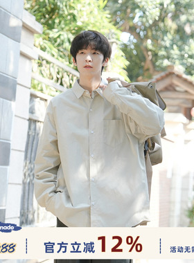 GOOZI MADE复古工装长袖衬衫男春季纯色白色男生宽松休闲衬衣外套