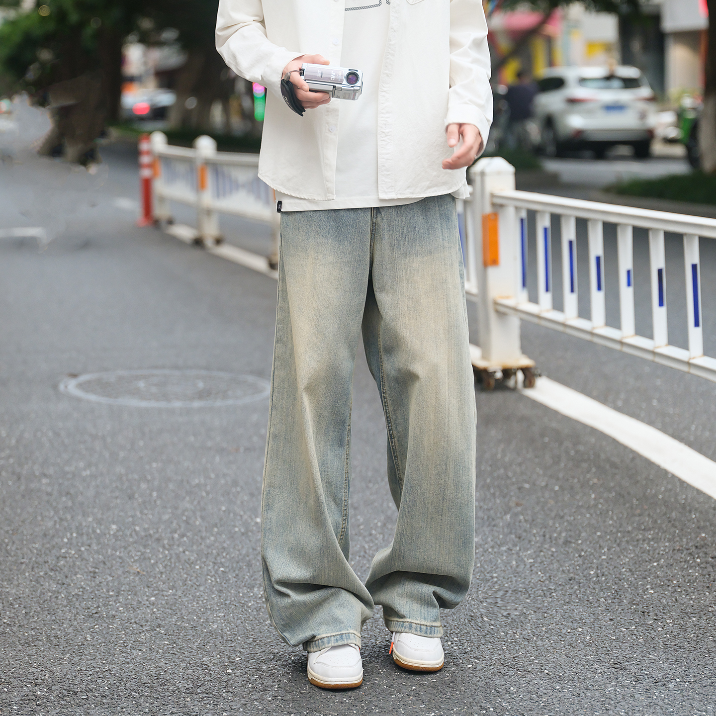 港仔文艺男水洗黄泥染牛仔裤男秋冬美式cleanfit男生直筒微喇裤子