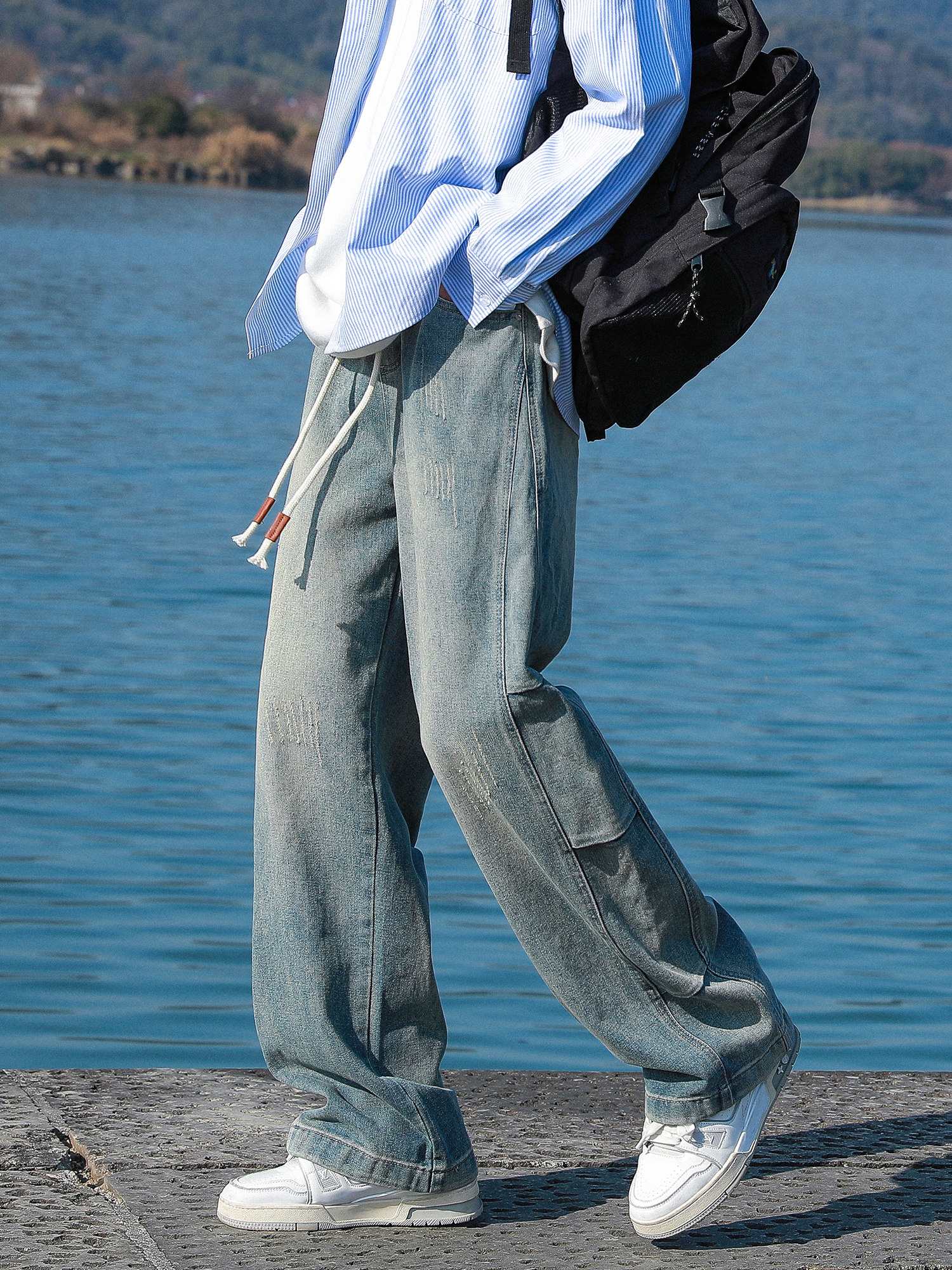 @澳?牌 문학 남성 청바지 남성 가을 겨울 플러스 벨벳 스트레이트 캐주얼 소년 가을 루즈한 와이드 팬츠 남성 모델