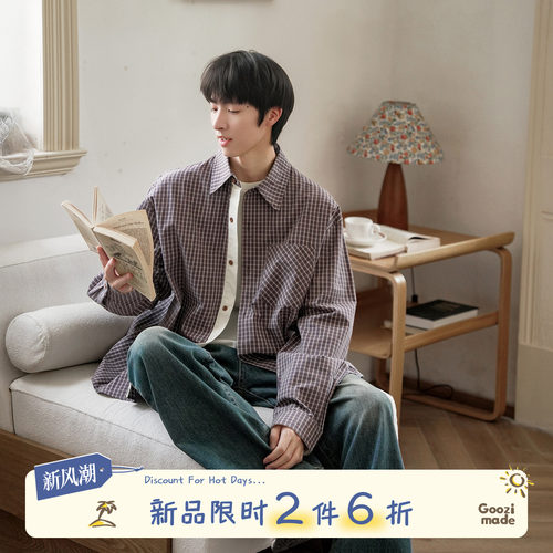 GOOZIMADE千鸟格纹长袖衬衫男秋