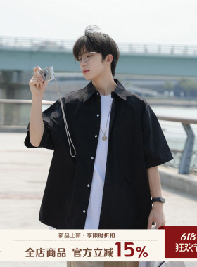 GOOZI MADE黑色短袖衬衫男夏季新款宽松男款男士男生工装衬衣外套