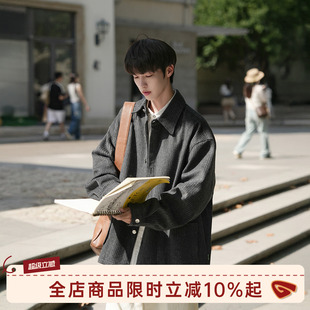 GOOZI MADE 竖条纹毛呢衬衫男夏季日系复古男生休闲长袖衬衣外套
