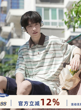 GOOZI MADE 美式撞色条纹polo衫短袖t恤男夏季2026新款绣花半袖te