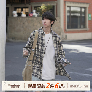 男春季 格子衬衫 2026新款 少年翻领工装 衬衣外套 GOOZI 长袖 MADE美式
