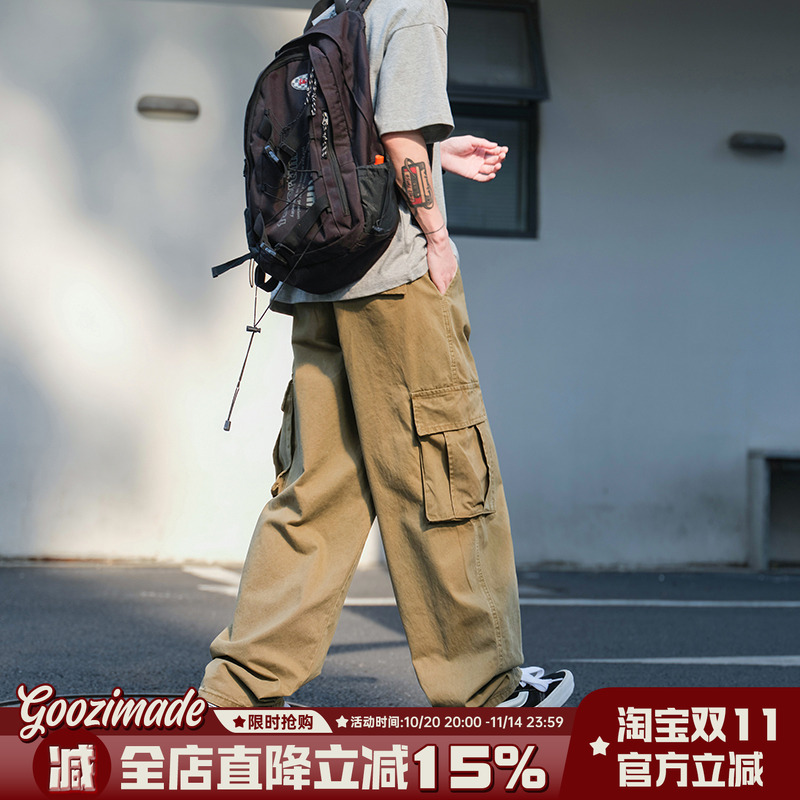 男夏季薄款大口袋卡其色工装裤