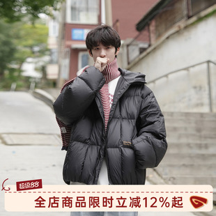 @港仔文艺男 黑色羽绒服男冬季轻薄保暖面包服短款连帽羽绒衣外套