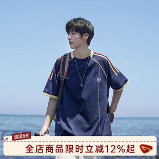 GOOZI MADE 美式学院风撞色插肩短袖T恤男夏季徽章复古运动半袖te