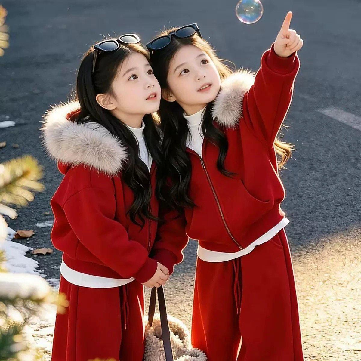 女童加绒套装女大童休闲运动服2025新款秋冬季红色本命年衣服加厚